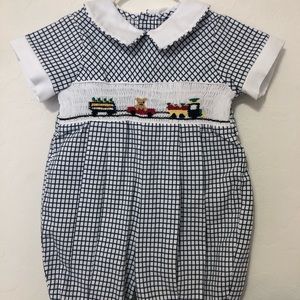 Little boy smocked train and teddy onesie vintage